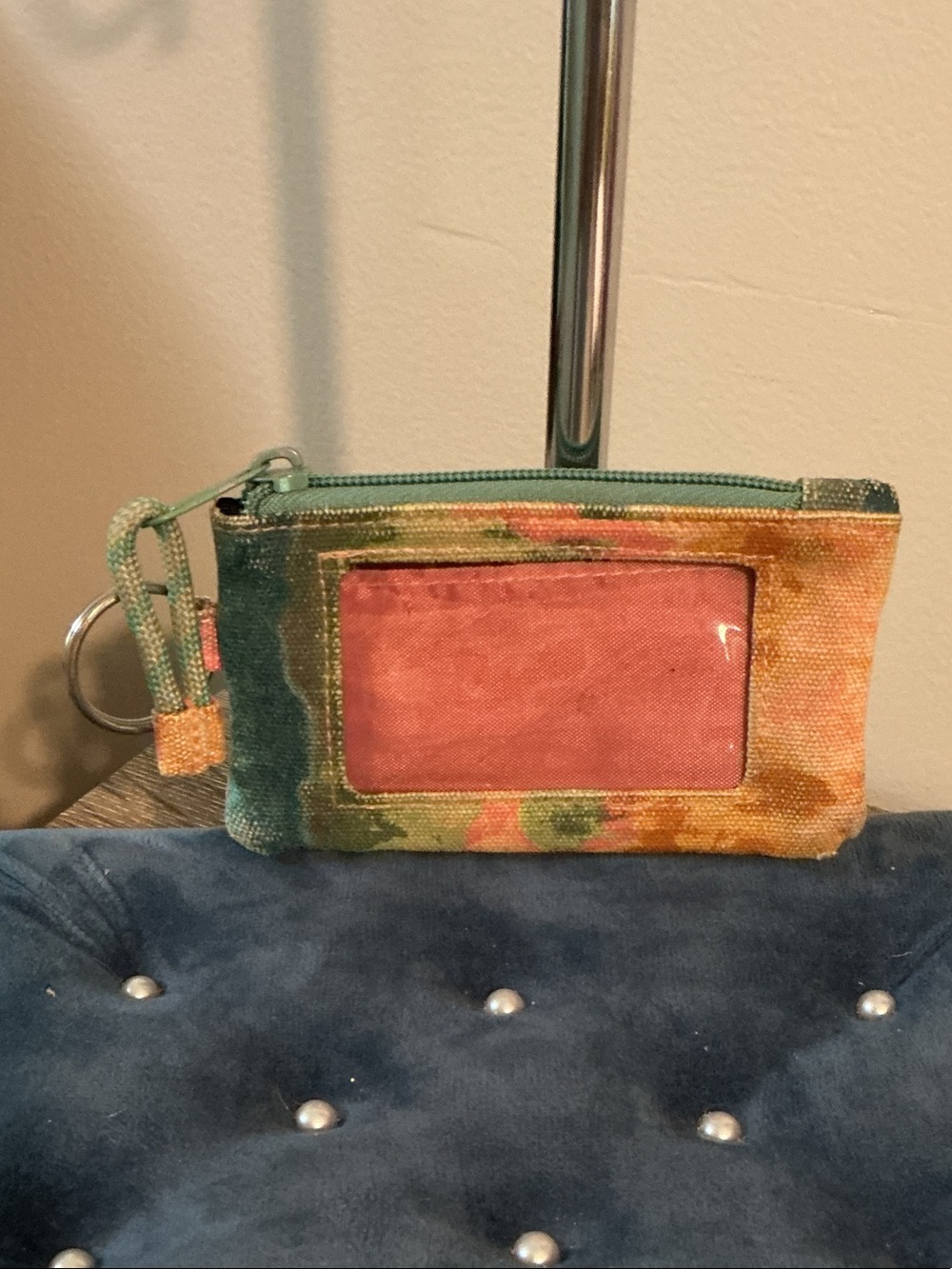 Kavu Canvas Card ID Wallet Green Orange Tan Tie-Dye Key Ring EUC - Picture 2 of 3